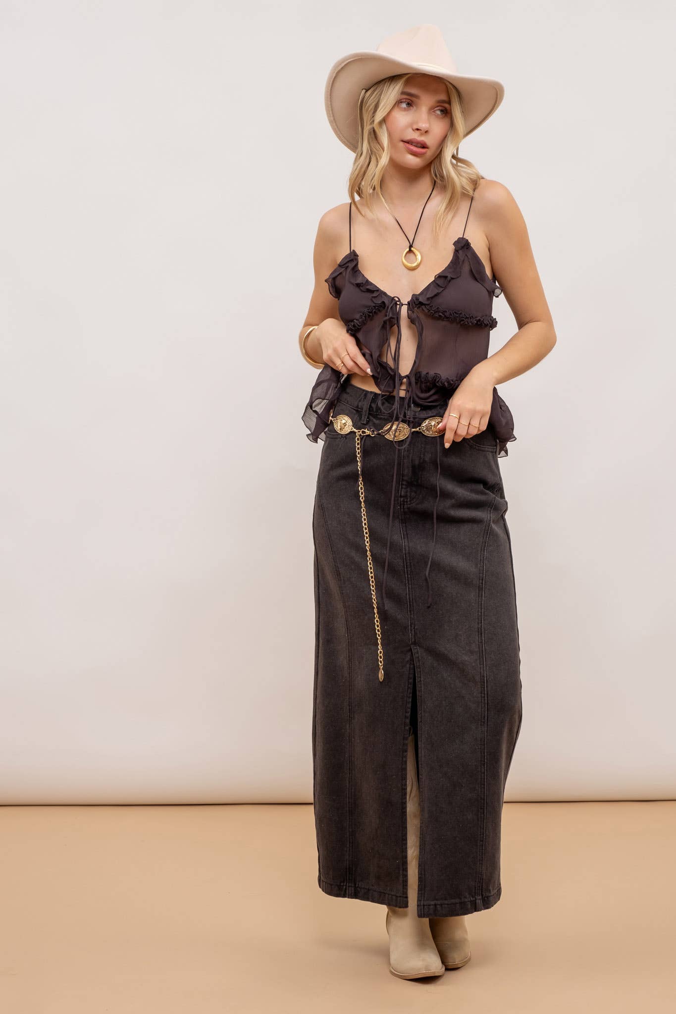 Black Denim Midi Skirt