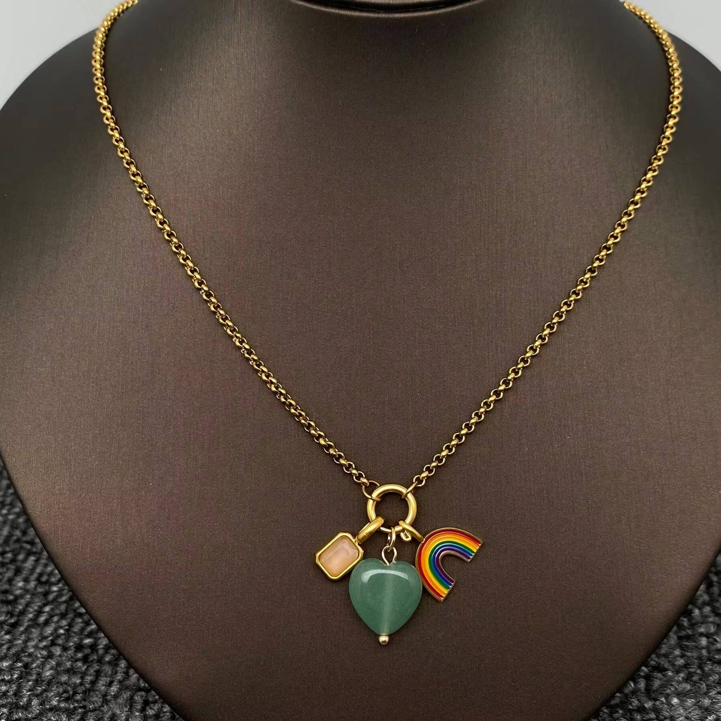 Rainbow & Green Aventurine Heart Necklace