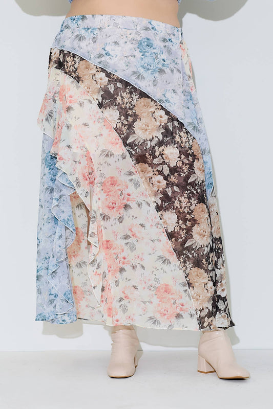 Curvy Mixed Print Ruffle Skirt